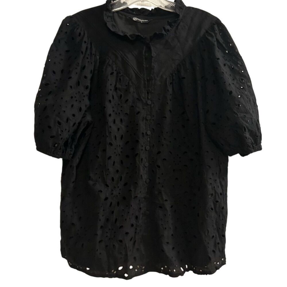 PrettyGarden Women's Black Embroidered Blouse L Long‎ Puff Sleeve